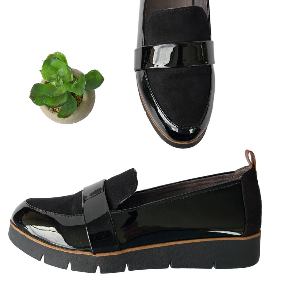 Dr. Scholl's Webster Slip On Platform Loafers Sz 9 Black Faux Patent/Microfiber